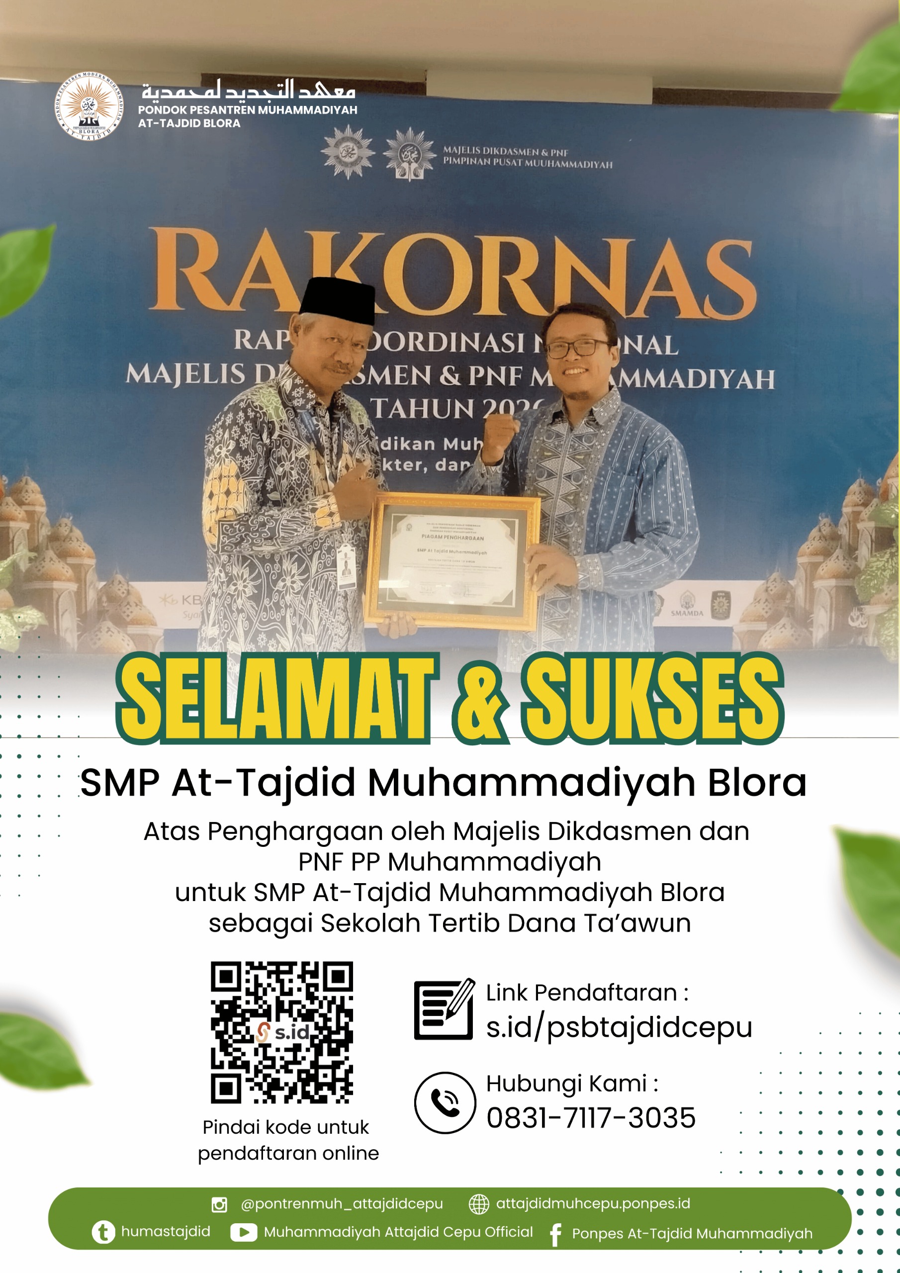 SMP At-Tajdid Raih Penghargaan Sekolah Tertib Dana Ta’awun dari Pimpinan Pusat Muhammadiyah